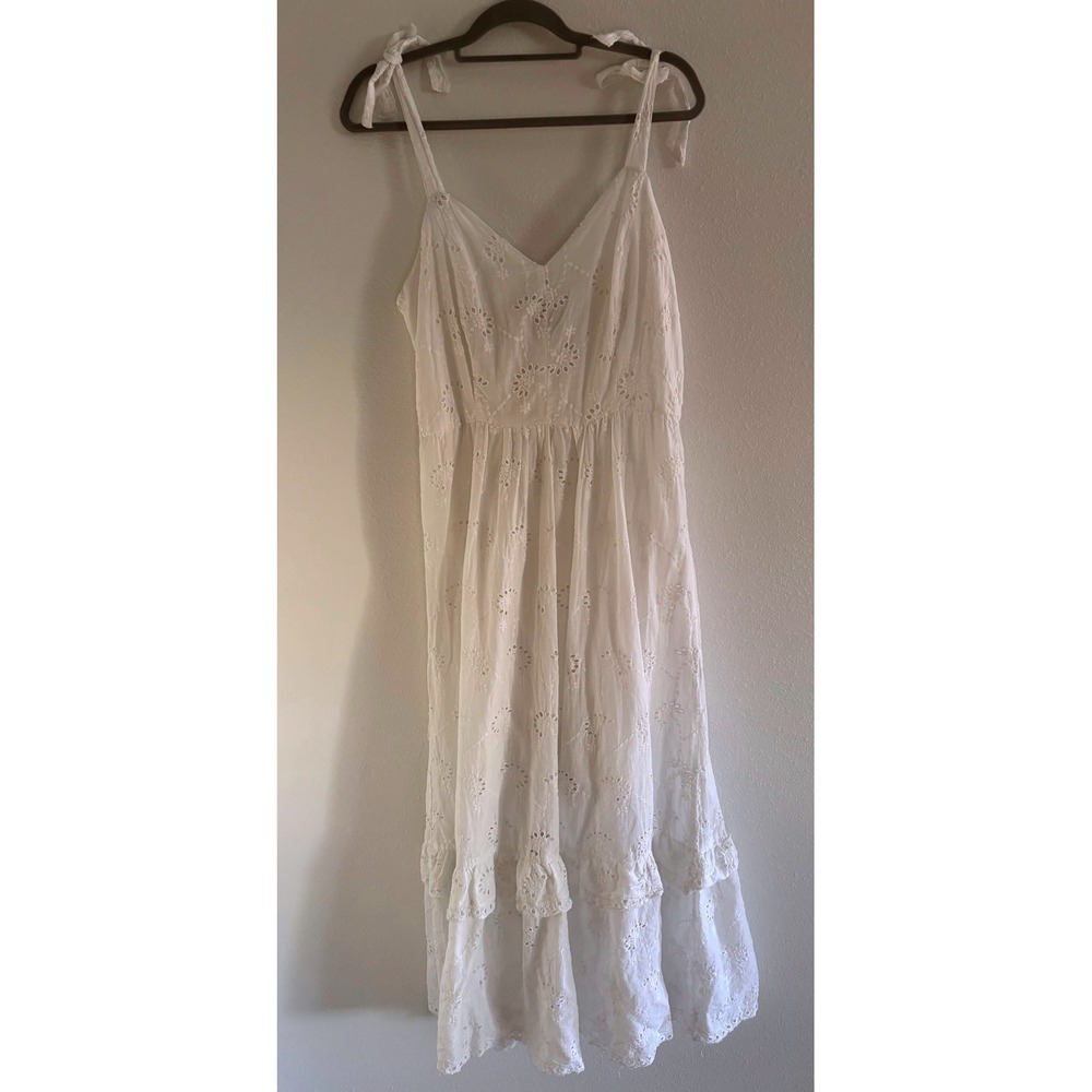 Taylor Dress Womens 12 White Midi Eyelet Tie Tiered Prairie Preppy Boho Coquette